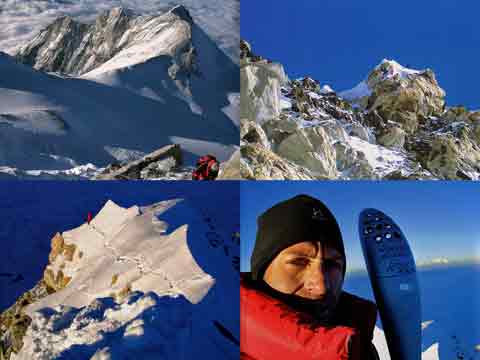 
UL Climbing rock ridge with Chomolonzo behind. UR Makalu False Summit. LL Makalu final summit ridge. LR Mario Vielmo holds the Torino 2006 Olympic Torch signed by the Dalai Lama on Makalu summit May 24, 2006 - I Cembali del Makalu book
